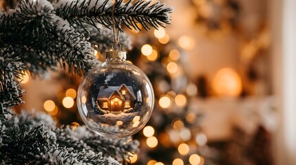Naklejka premium Christmas Tree Ornament Reflects Cozy House Scene with Blurred Festive Lights