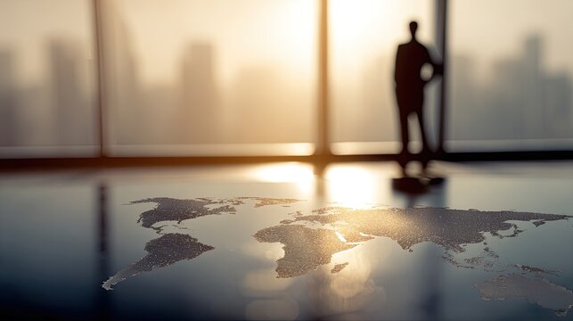 Silhouetted figure observes world map reflection in a modern, sunlit office