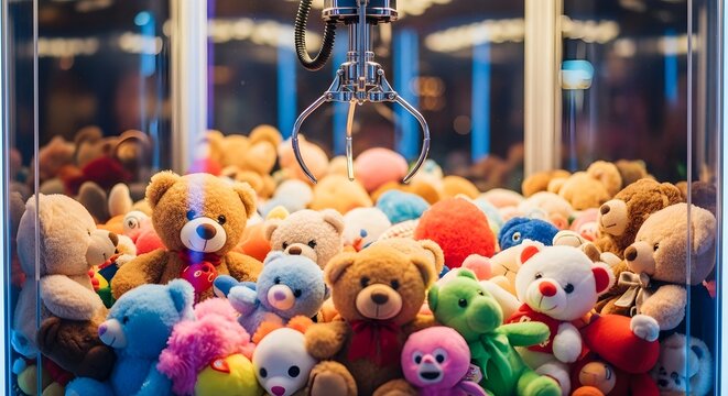 Fuzzy Teddy Bears Fill a Brightly Lit Claw Machine Ready for Winning Prizes