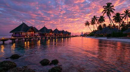 Fototapeta premium Resort villas on a Maldives pier, lit by soft lights under a romantic sky, frame a stunning sunset. Palm trees are silhouetted against the picturesque coastline.