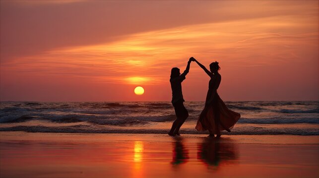 Couple dancing joyfully on a beach at sunset with vibrant orange sky