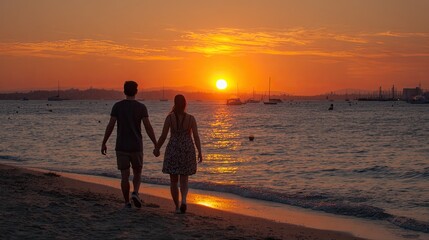 Fototapeta premium Couple walking hand-in-hand on beach during sunset over ocean