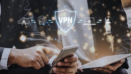 Fototapeta premium VPN security protects network access. VPN security encrypts data, hides identity, VPN security defends traffic, and VPN security secures connection from threats. Marrow