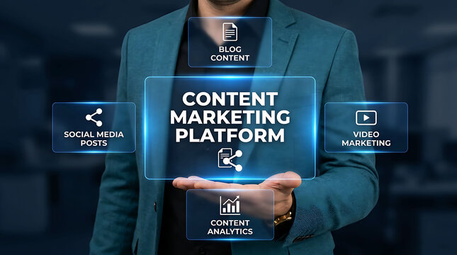 Businessman holding virtual content marketing platform interface with digital icons