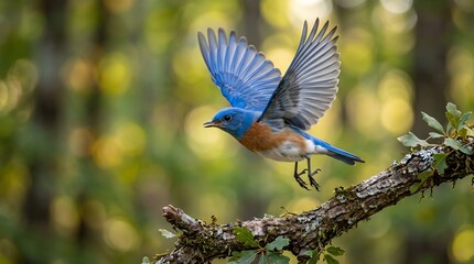 Obraz premium Blue bird taking flight from tree branch in lush green forest during golden hour