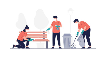 Fototapeta premium Community workers focus on virus prevention while cleaning public park with gloves on