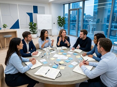Business team having a collaborative meeting in a modern office with brainstorming ideas.