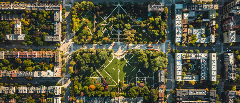 "Exploring a Unique City Park: A Stunning Diamond-Shaped Oasis Amid Urban Architecture and Nature"