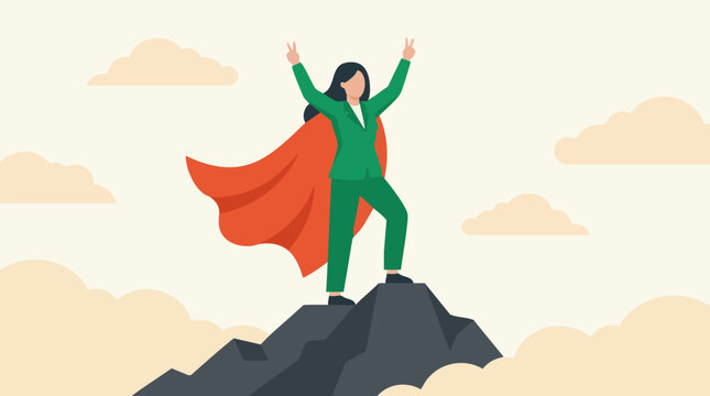 Successful Businesswoman Superhero on Mountain Peak