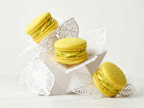 Lemon French macarons with elegant paper citrus decoration