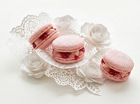 Raspberry French macarons with elegant paper rose decoration