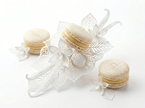 Vanilla French macarons with elegant paper flower decoration