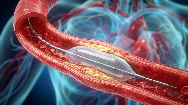 Angioplasty balloon catheter procedure inside a human artery with plaque buildup and a heart background, for cardiovascular medical education