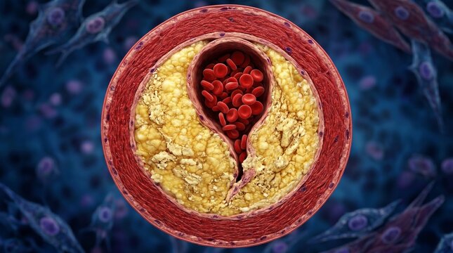 Cross section of a human artery showing severe atherosclerosis with yellow plaque buildup narrowing the vessel and restricting flow