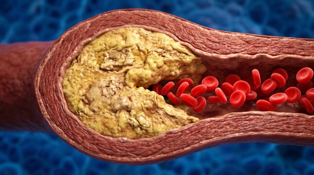 Longitudinal cross section of a human artery showing yellow plaque buildup causing atherosclerosis and restricting the flow of red cells