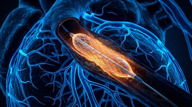 Medical 3d animation of an angioplasty procedure showing a stent being expanded inside a human artery to treat a blockage or narrowing vessel