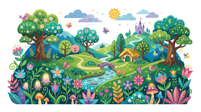 Enchanted Fairy Tale Landscape with Castle, Cottage, and Magical Forest