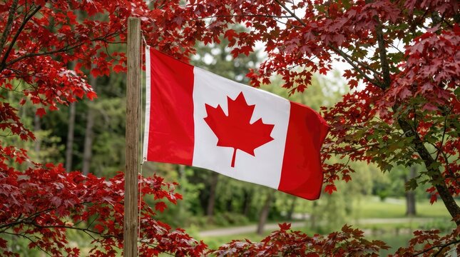 The Canadian flag waves proudly amidst the vibrant red leaves of maple trees in a scenic outdoor setting. This image evokes feelings of national pride and the beauty of autumn