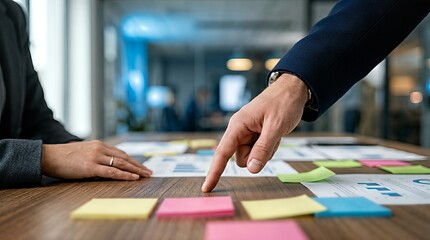 Obraz premium Closeup of hands arranging sticky notes during a business meeting, enhancing workflow.