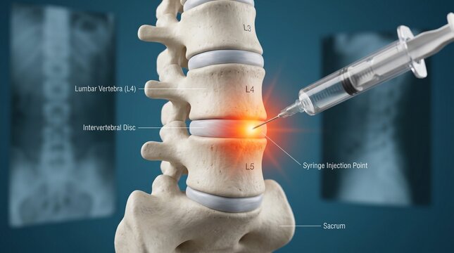 Medical visualization of a lumbar spine injection procedure targeting an intervertebral disc with a syringe needle and glowing pain indicator