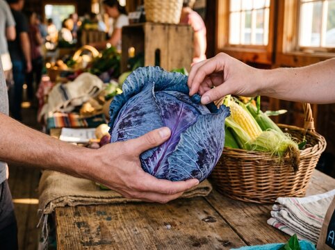Human hand holding whole blue cabbage (deep violet-blue with white veins) on rustic wooden table, second hand placing blueberry on top, woven basket with yellow corn in background, farmers market cand