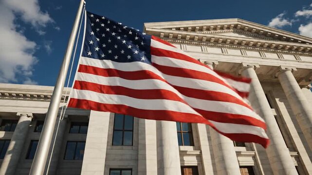 American flag waving in the wind outside a government building with columns