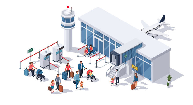 Isometric illustration of an airport terminal with passengers, luggage, and an airplane boarding bridge, featuring a control tower.