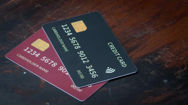 Money in bank accounts. Credit bank cards are on the table. Cashless payments.