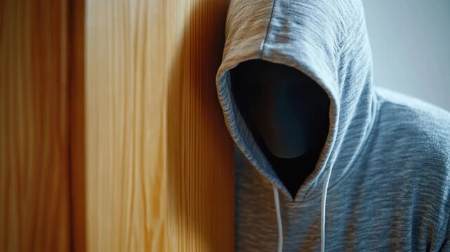 A mysterious hooded person with a blank black mask peeking from behind a wooden wall frame.