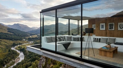 Fototapeta premium Modern glass cabin perched on a cliff overlooking a scenic river valley and mountains