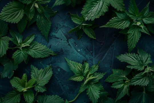 A top-down dark food photography view of vibrant green stinging nettle leaves arranged on a dark textured surface.