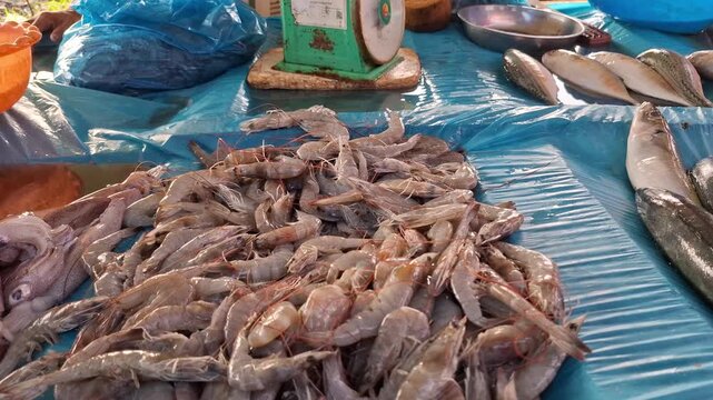 Shrimps and fishes on seller's stall at the rural traditional indonesian market
