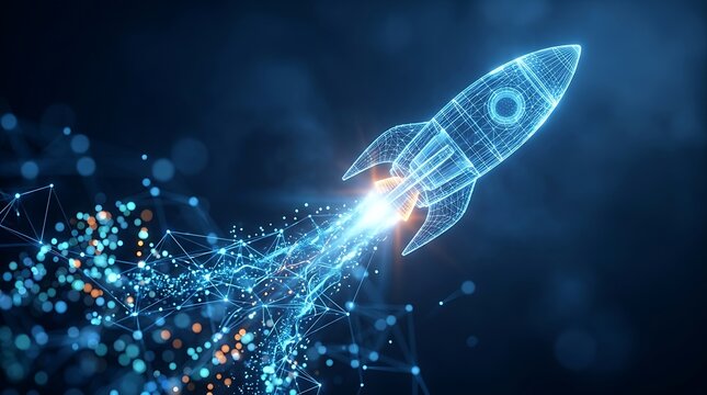Wireframe Rocket Blasting Off With Digital Network Trail, Representing Tech Startup Launch and Future Innovation