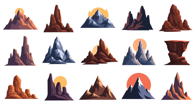 Collection of stylized mountain peaks and desert cliffs at sunset or sunrise featuring different shapes and color palettes.