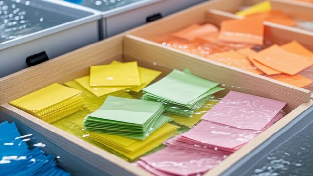 Stacks of small colorful paper squares are being soaked in a water bath inside wooden containers.