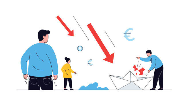 Conceptual illustration of an economic crisis showing falling red arrows, currency symbols, and people with empty pockets.
