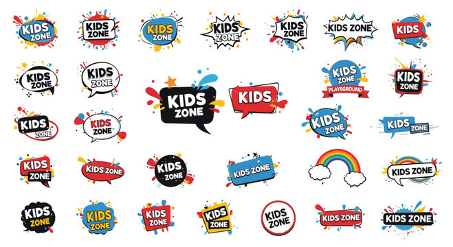 Diverse collection of colorful kids zone logo designs featuring paint splashes, speech bubbles, and playful typography.