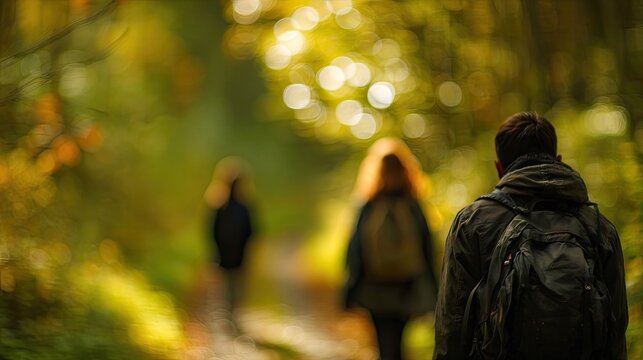 People walk down a sun-dappled forest path in autumn