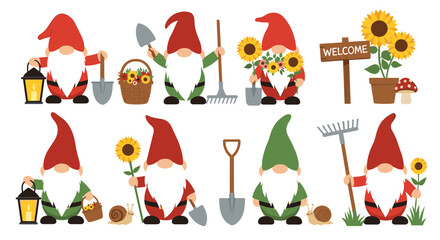Fototapeta premium Collection of cute garden gnomes with various gardening tools, flowers, and forest friends like snails and mushrooms.