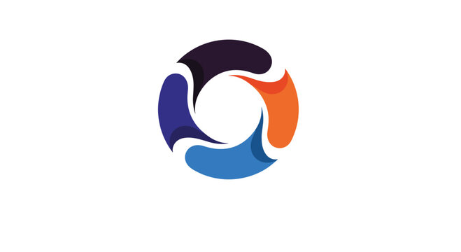 Modern abstract logo design featuring a circular swirl of interlocking colorful shapes in blue, purple, and orange.
