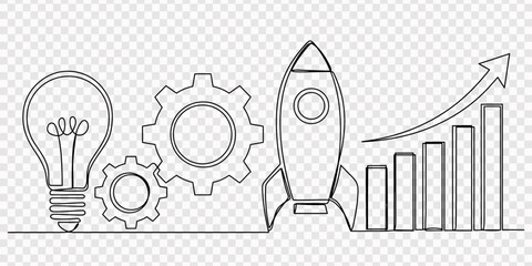 a lightbulb, two interlocking gears, a rocket ship, and a bar graph with an upward pointing arrow continuous line drawing, continuous line drawing of gears, lights idea, Rocket launch, ship and increa © line drawing