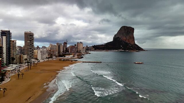 Aerial view of Calpe beach and Penon de Ifach rock, Spain