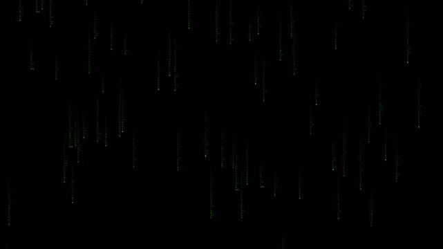 Green matrix code cascade falling on black background tech overlay