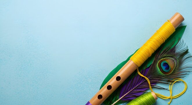 Indian bansuri flute with peacock feather and yarn on light blue background cultural musical instrument composition