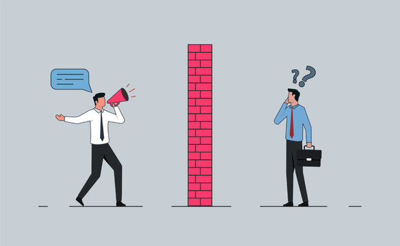 Communication barrier concept while one person uses a megaphone to reach out to a colleague.