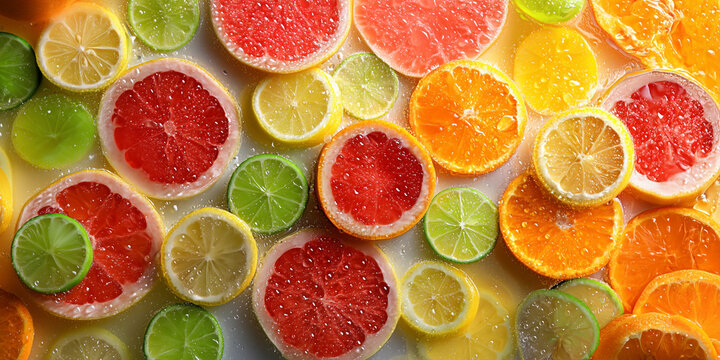 A colorful top-down view of various freshly sliced citrus fruits including grapefruit, orange, lemon, and lime scattered closely together.