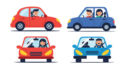 Naklejka premium Front and side view icons of red and blue cars with happy male and female drivers representing different transportation and travel concepts.
