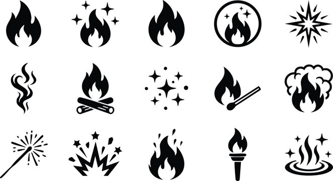 Minimalist fire icon set with 15 black flame silhouettes, campfire and torch symbols, spark and smoke vector elements for UI design