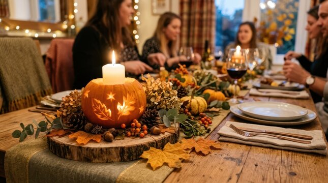 Cozy autumn dinner party with friends, featuring a carved pumpkin centerpiece and warm lighting