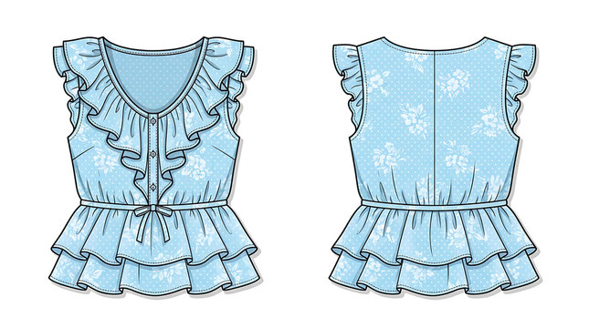 Light blue floral print ladies sleeveless blouse featuring ruffled details a deep v-neckline button closure